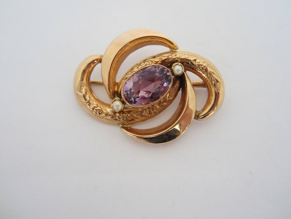 14k Rose Gold Brooch, Purple Stone Brooch, Februa… - image 1