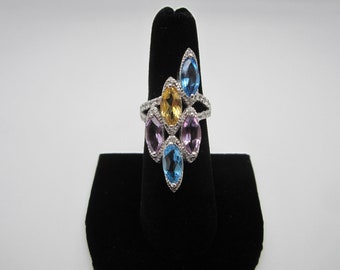 Sterling Silver And Marquise Cubic Zirconia Ring, Marquise Style Stones, Blue Yellow And Purple Stones, Statement Ring, For Her, Unique Ring