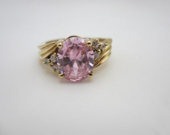 14K Yellow Gold Pink and White Cubic Ladies Ring, Pink Oval Stone, Round White Stones, October Birthstone