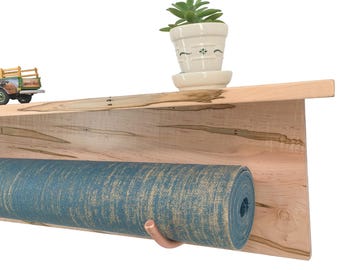 Wood Yoga Mat Rack with Shelf: Copper Hook Wall Mount