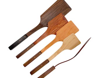 Espátula de madera artesanal, cuatro tamaños: bubinga, arce, cerezo - Mango de nogal