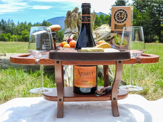 Handcrafted Wood Wine Caddy: Bottle & Glass Holder With Walnut Tray - Etsy