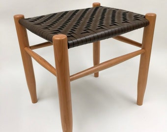 Wood Stool, Hand Woven Leather Seat,  Chair, Farmhouse Stool, Leather ottoman, Leather Stool, Bench