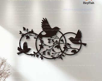 Abstract Metal Bird Wall Art: Modern Animal Decor, Flower Branch Hanging, Twig Circle Decoration