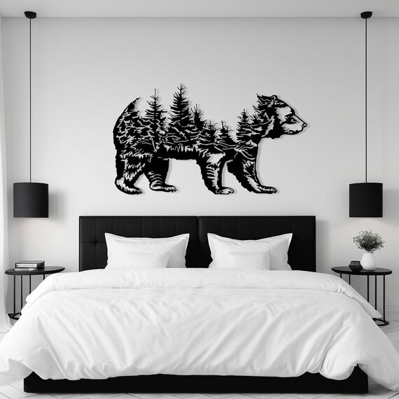 Metal Bear Forest Wall Art - Rustic Wild Bear Sign For Living Room Or Bedroom