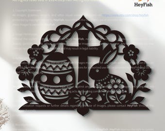 Easter Cross Bunny Metal Wall Art, Floral Egg Decor Sign for Christian Home