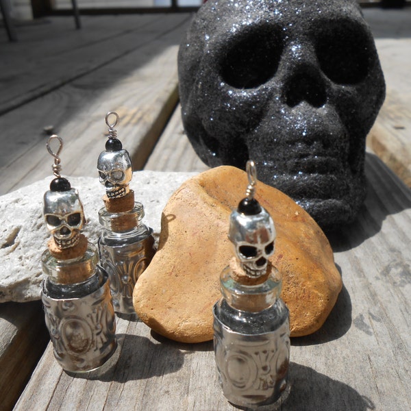 Tiny Glass, Metal Spell Bottle With Skull