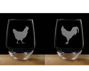 Hen & Rooster Etched Stemless Wine Glasses - Set of 2 - Free Personalization - Personalized Gift