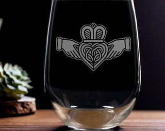 Celtic Claddagh Etched Stemless Wine Glass with Personalized Engraving, Traditional Sandblasted Method