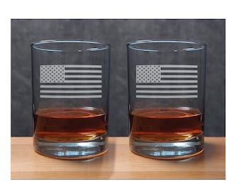 American Flag Engraved 13oz Whiskey Glass - Set of 2 - Deeply Etched with Free Personalization - Personalized Gift
