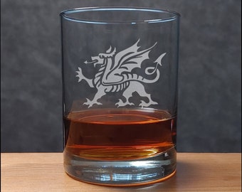 Welsh Dragon 13oz Engraved Whiskey Glass - Free Personalization - Sand Etched  Personalized Gift