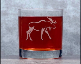 Moose Engraved 11oz Whiskey Glass - Free Personalization - Deeply Etched Rocks Glass - Personalized Gift