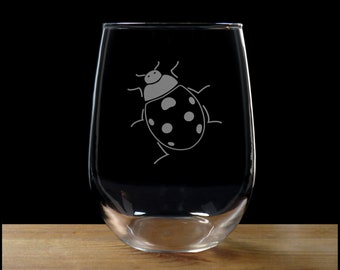 Ladybug Stemless Wine Glass - Design 1 - Free Personalization - Personalized Gift
