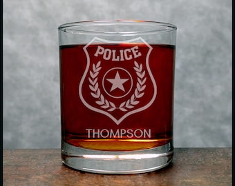 Verre à whisky gravé police de 11,2 oz - Badge de police sur verre gravé à l'eau-forte - Cadeau personnalisé - Personnalisation gratuite