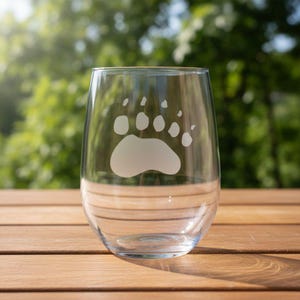Bear Paw Stemless Wine Glass -  17oz Sand Etched Personalized Wildlife Glass - Rustic Cottage Gift