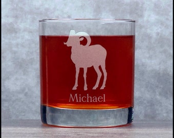 Bighorn Sheep Engraved 11oz Whiskey Glass - Free Personalization - Deeply Etched Rocks Glass - Personalized Gift