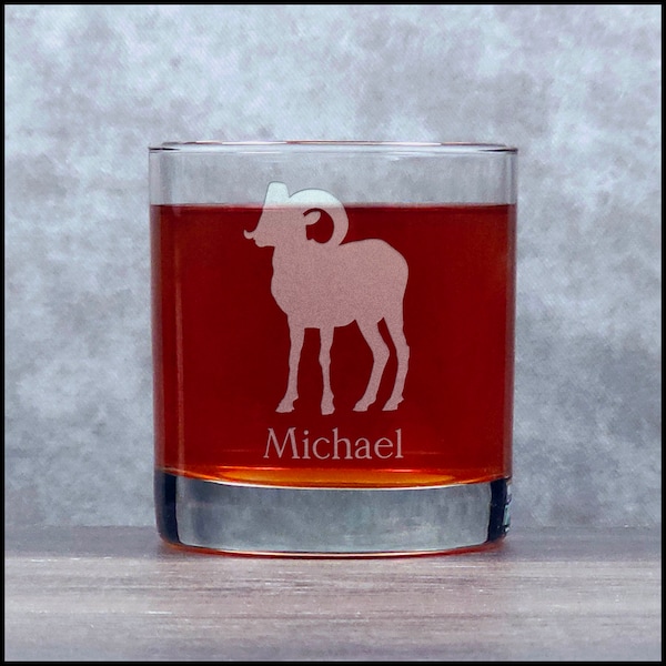 Bighorn Sheep Engraved 11oz Whiskey Glass - Free Personalization - Deeply Etched Rocks Glass - Personalized Gift