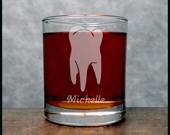 Tooth Engraved 11.2oz Whiskey Glass - Dentist Graduate Personalized Gift- Deeply Etched Rocks Glass - Free Personalization