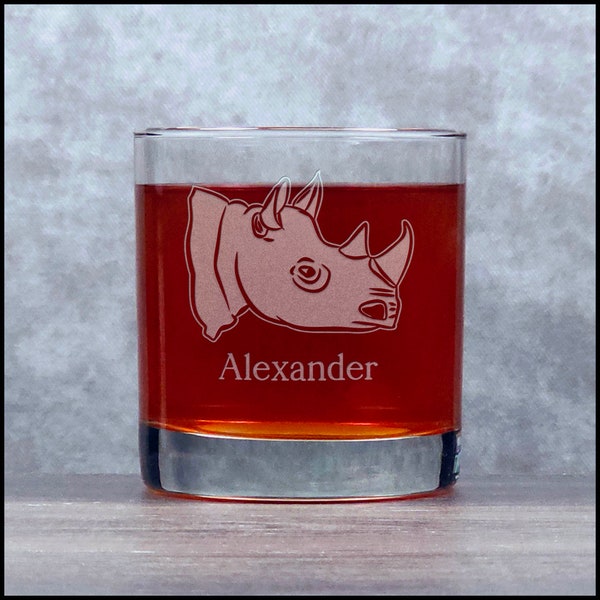 Rhinoceros Head Engraved 11oz Whiskey Glass  - Deeply Etched Rocks Glass - Rhino Sand Etched Personalized Gift - Free Personalization