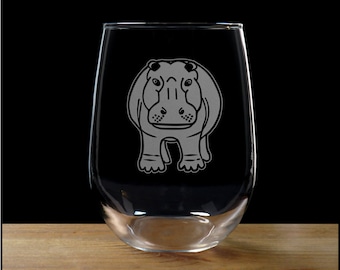 Hippo Stemless Wine Glass - Free Personalization - Animal Lovers Personalized Gift