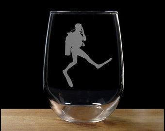Scuba Diver  Stemless Wine Glass - Free Personalization - Personalized Gift