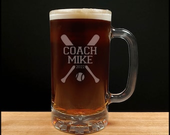 Softball Coach Etched Beer Mug - Free Personalization - Sports Coach Personalized Gift