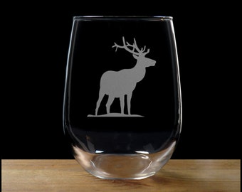 Elk Stemless Wine Glass - Design 5 - Free Personalization - Wildlife Personalized Gift