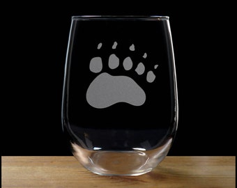 Bear Etched Stemless Wine Glass - Free Personalization - Bear Paw Personalized Gift