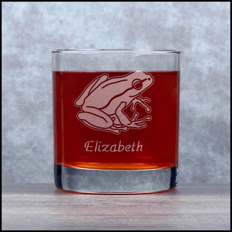 Frog Engraved 11oz Whiskey Glass Deeply Etched Rocks Glass Free Personalization Aquatic Personalized Gift Option 1a-Name Front