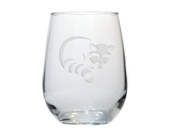 Raccoon Etched Stemless Wine Glass - Free Personalization - Animal Personalized Gift