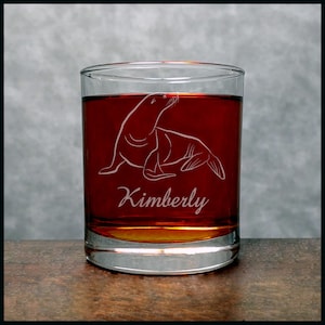 Sea Lion Engraved 11.2oz Whiskey Glass - Deeply Etched Animal Bourbon Glass - Personalized Gift - Free Personalization