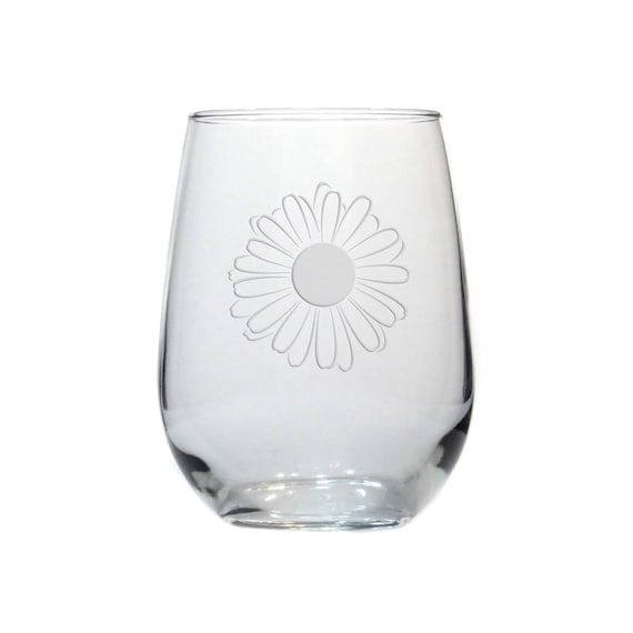 Daisy Etched Stemless Wine Glass Free Personalization Etsy