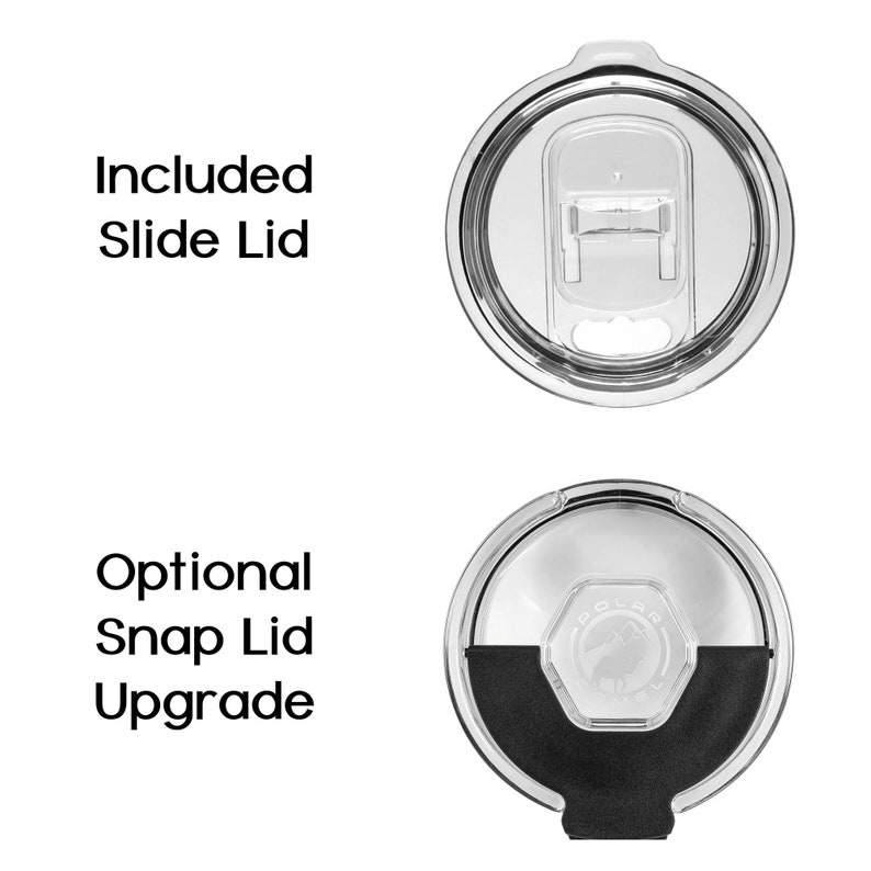 May include: Two different types of lids for a tumbler. The top lid is a clear slide lid. The bottom lid is a black snap lid with a silver logo.