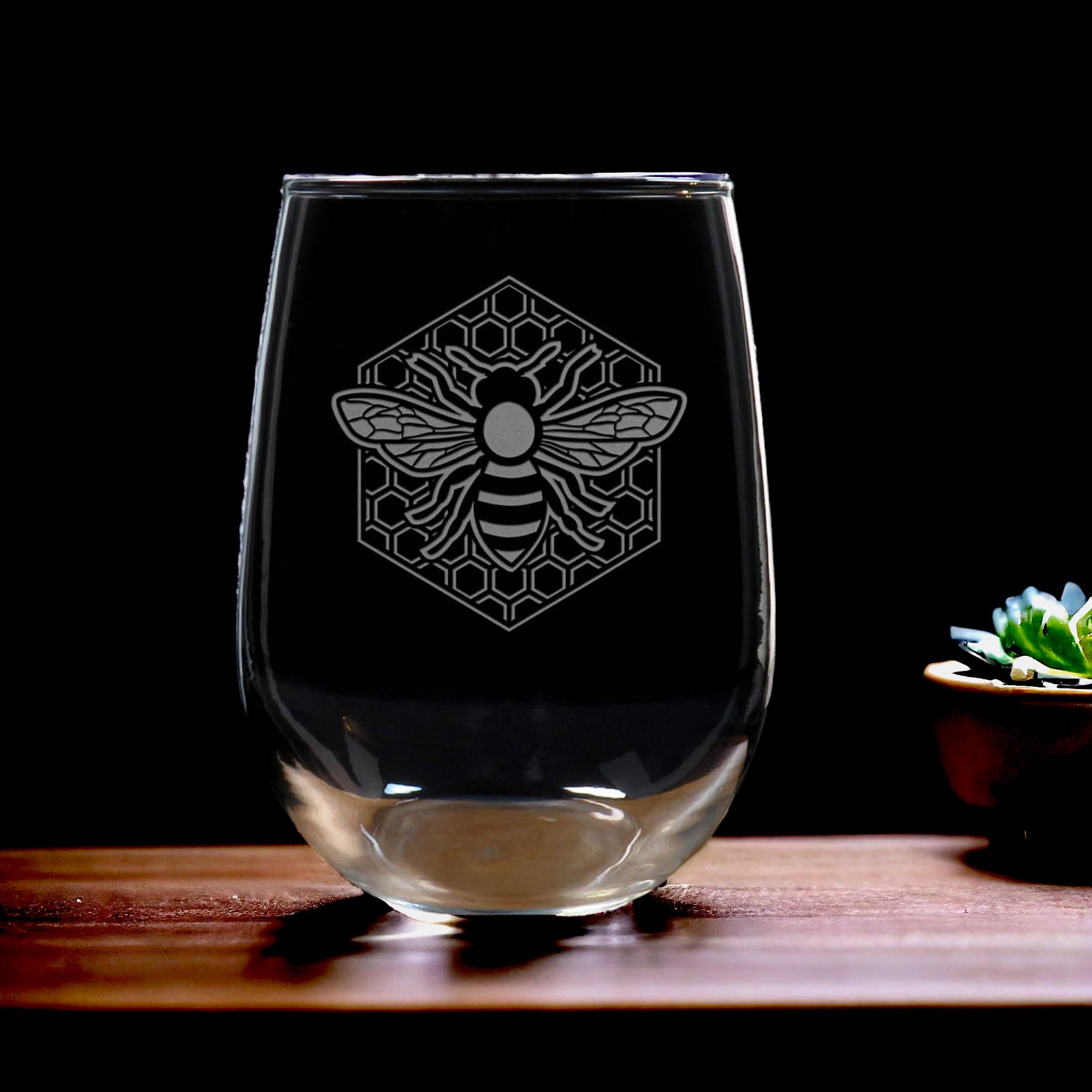 Bee and Honeycomb Etched Stemless Wine Glass - Free Personalization - Personalized Gift