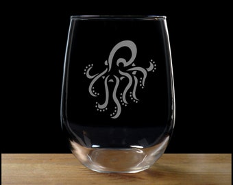 Octopus Stemless Wine Glass - Free Personalization - Sea Creature Personalized Gift