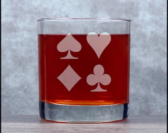 Playing Card Suits Engraved 11oz Whiskey Glass - Free Personalization - Deeply Etched Personalized Gift - Spades, Clubs, Hearts, Diamond