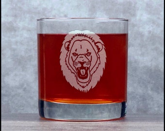 Lion Face Engraved 11oz Whiskey Glass - Deeply Etched Rocks Glass - Free Personalization - Personalized Gift