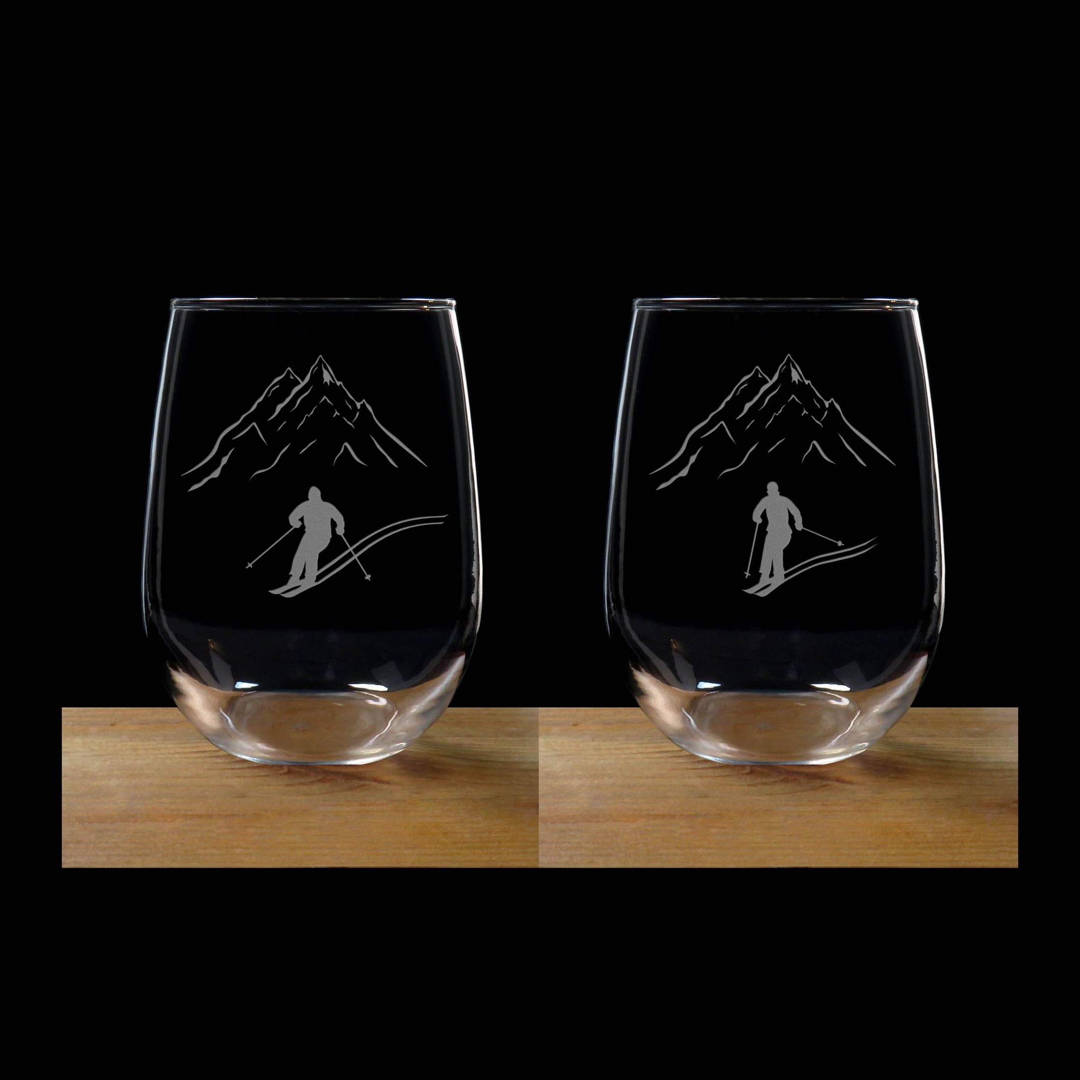Skier Couple Engraved 17oz Stemless Wine Glasses Set of 2 Free  Personalization Skiing Personalized Gift 
