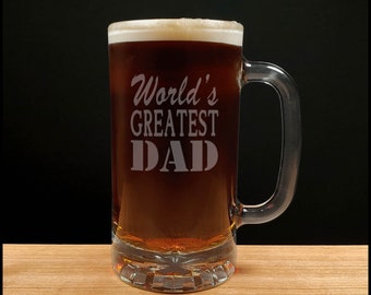 Dad Beer Mug - Free Personalization - World's Greatest Dad Etched Beer Glass -  Design 2 - Personalized Gift