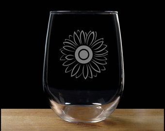 Sunflower Etched Stemless Wine Glass - Free Personalization - Personalized Gift