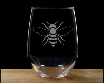 Bee Etched Stemless Wine Glass - Free Personalization - Personalized Gift