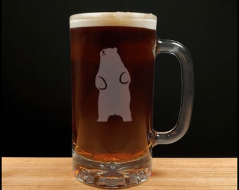 Standing Bear Etched Beer Mug - Animal Personalized Gift - Free Personalization