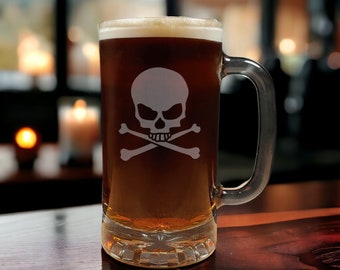 Skull and Cross Bones Beer Mug - Free Personalization - Skull Personalized Glass