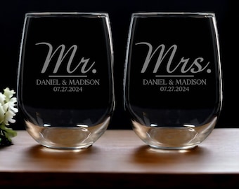 Etched Mr and Mrs Stemless Wine Glasses, Set of 2, Sandblasted by Hand, Personalized Wedding Gift