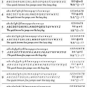 May include: A chart showing 12 different font options for personalization. Each font option includes lowercase and uppercase letters, numbers, and symbols. The text "The quick brown fox jumps over the lazy dog" is used as an example for each font.