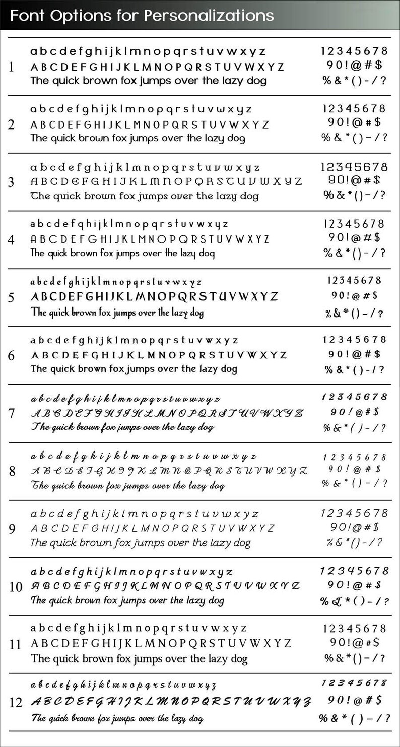May include: A chart showing 12 different font options for personalization. Each font option includes lowercase and uppercase letters, numbers, and symbols. The text "The quick brown fox jumps over the lazy dog" is used as an example for each font.