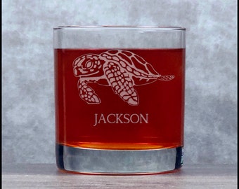 Sea Turtle Engraved 11oz Whiskey Glass - Deeply Etched  - Personalized Gift -  Free Personalization - Sea Creature Lowball Glass