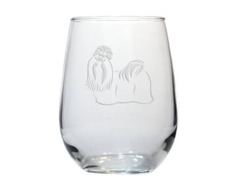 Shih Tzu Etched Stemless Wine Glass - Dog Personalized Gift - Free Personalization