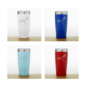 May include: Four stainless steel tumblers with a dragonfly design. The tumblers are in white, blue, light blue, and red.