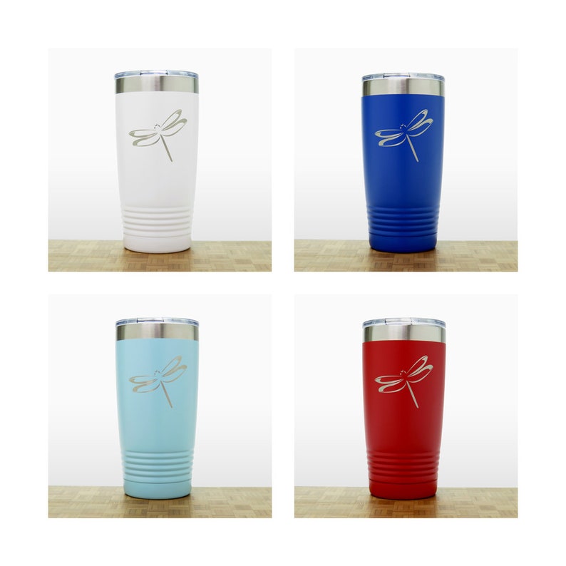 May include: Four stainless steel tumblers with a dragonfly design. The tumblers are in white, blue, light blue, and red.